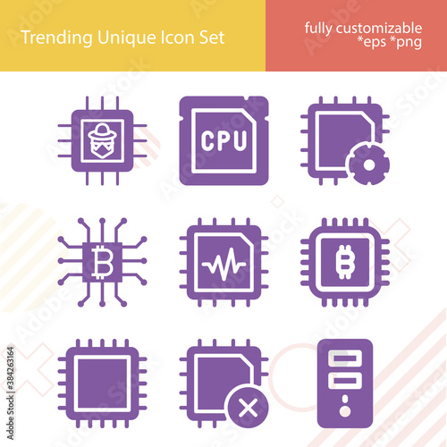 Simple set of central processor related filled icons.