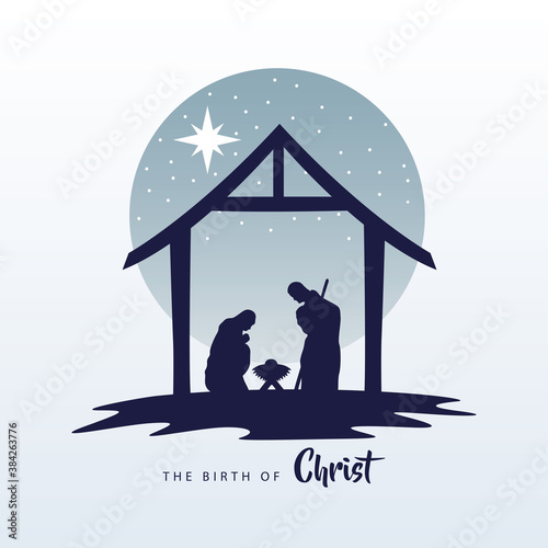 happy merry christmas manger scene with holy family in stable silhouette photo