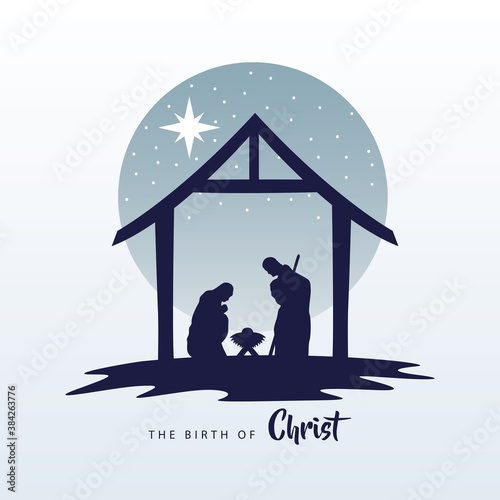 happy merry christmas manger scene with holy family in stable silhouette