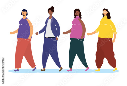 group of interracial women walking characters