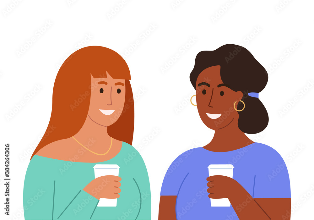 Girls drinking coffee and talking. Female friends holding coffee glasses. Cute cartoon flat character style, vector illustration Girls drinking coffee and talking. Female friends holding coffee glasses. Cute cartoon flat character style, vector illustration