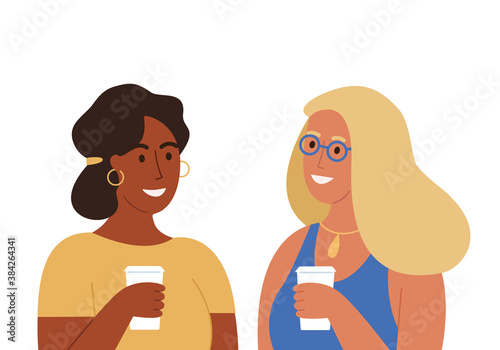 Girls drinking coffee and talking. Female friends holding coffee glasses. Cute cartoon flat character style, vector illustration