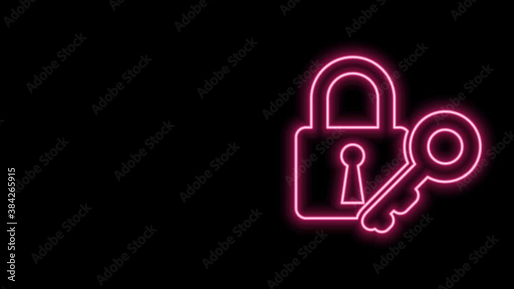 Glowing neon line Lock and key icon isolated on black background. Padlock sign. Security, safety, protection, privacy concept. 4K Video motion graphic animation Glowing neon line Lock and key icon isolated on black background. Padlock sign. Security, safety, protection, privacy concept. 4K Video motion graphic animation