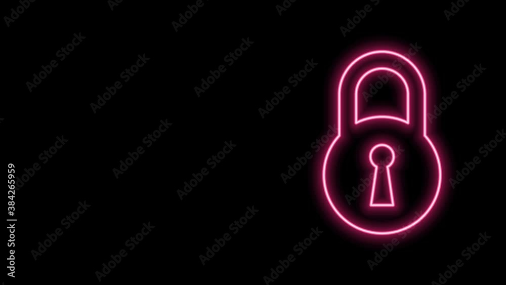Glowing neon line Lock icon isolated on black background. Padlock sign. Security, safety, protection, privacy concept. 4K Video motion graphic animation