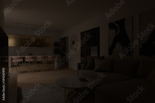 3d illustration of a night interior in the style of minimalism. Render of a kitchen with a large cooking island and a living room with a corner sofa. Visualization for the presentation of developers