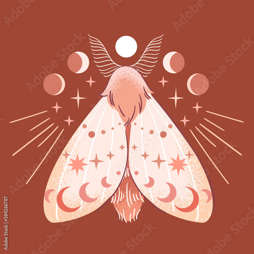 Modern abstract art print with Moon Moth, stars, Luna phases. Boho style. Sacred symbol. Isolated elements. Pastel terracotta colors clipart image. Magic mystic esoteric minimalist concept