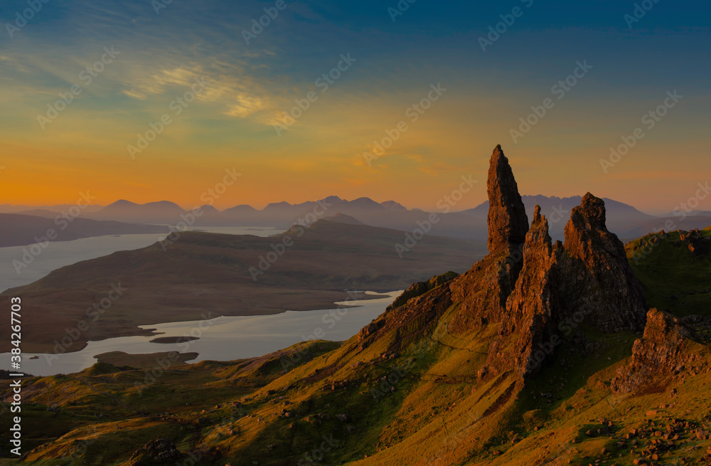 beautiful sunrise at the old man of storr on the isle of skye, scotland.