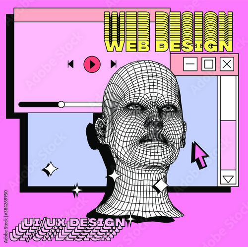 Cover for UI and UX web design theme with collage of user interface elements. Vaporwave aesthetics of 80's-90's.