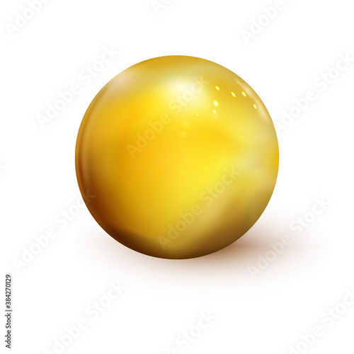 Glossy golden sphere, polished ball isolated on white background. Orb icon 3d gold color. Realistic geometric design. Template shape with shadows. Vector illustration