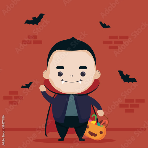 happy halloween cute dracula character and bats flying