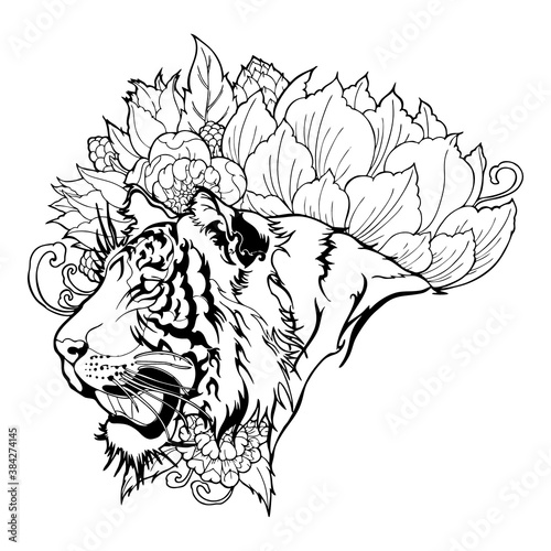 Tiger Head with Flower oriental chinses illustration doodle tattoo  style vector with white background 