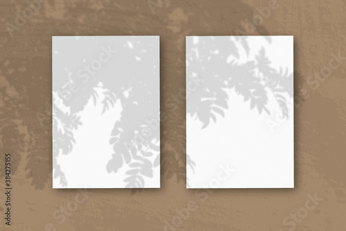 2 vertical sheets of textured white paper on brown table background. Mockup overlay with the plant shadows. Natural light casts shadows from a Rowan branch. Horizontal orientation