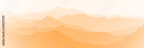 Fantasy on the theme of the morning landscape, sunrise in the mountains, panoramic view, vector illustration	