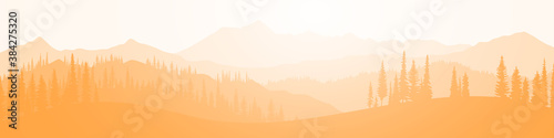 Fantasy on the theme of the morning landscape, sunrise in the mountains, panoramic view, vector illustration 