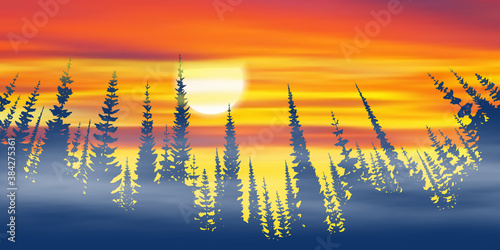 Fantasy on the theme of the evening landscape, sunset. The sun sets behind the trees. Vector illustration, EPS10