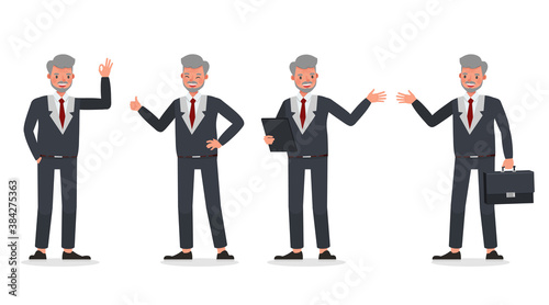 Old businessman working in office character vector design. Presentation in various action.