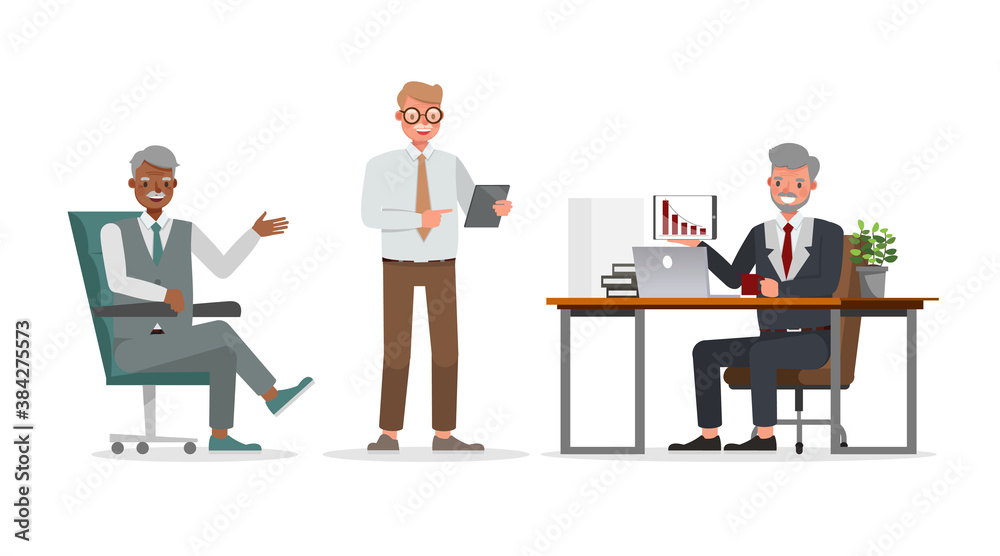Old businessman working in office character vector design. Presentation in various action. no28 Old businessman working in office character vector design. Presentation in various action. no28
