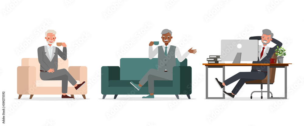 Old businessman working in office character vector design. Presentation in various action. no31 Old businessman working in office character vector design. Presentation in various action. no31