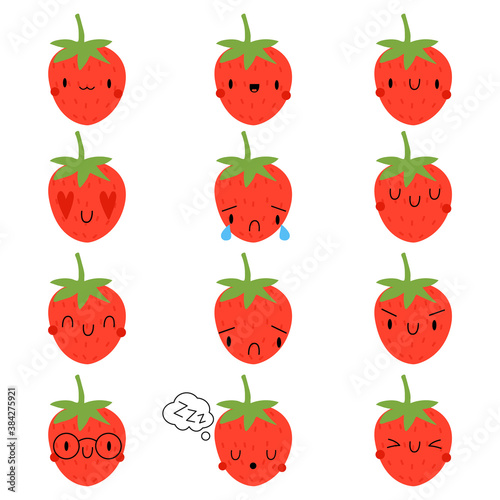 Set Kawaii Cartoon Strawberry. Vector Illustration 