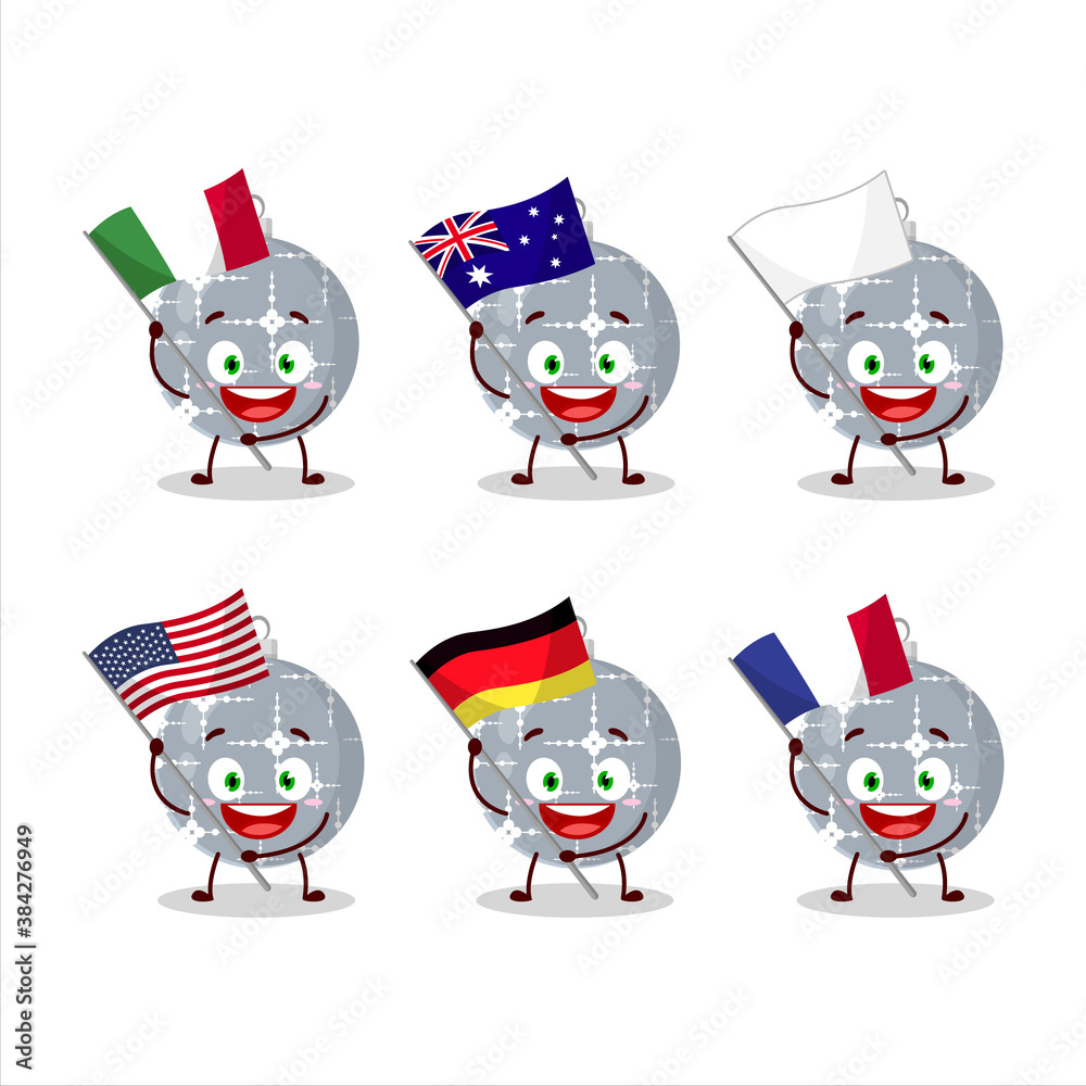 Christmas ball grey cartoon character bring the flags of various countries