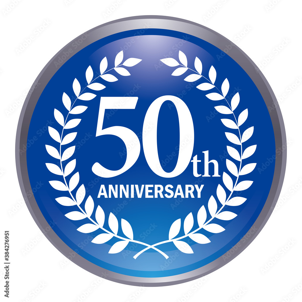 光沢感立体感のある月桂樹のリース付きアニバーサリーのアイコンブルー 50周年ボタン 50th Anniversary Stock Vector Adobe Stock
