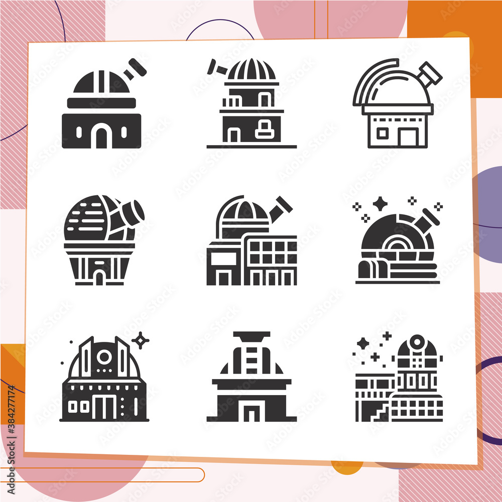Simple set of 9 icons related to observatory