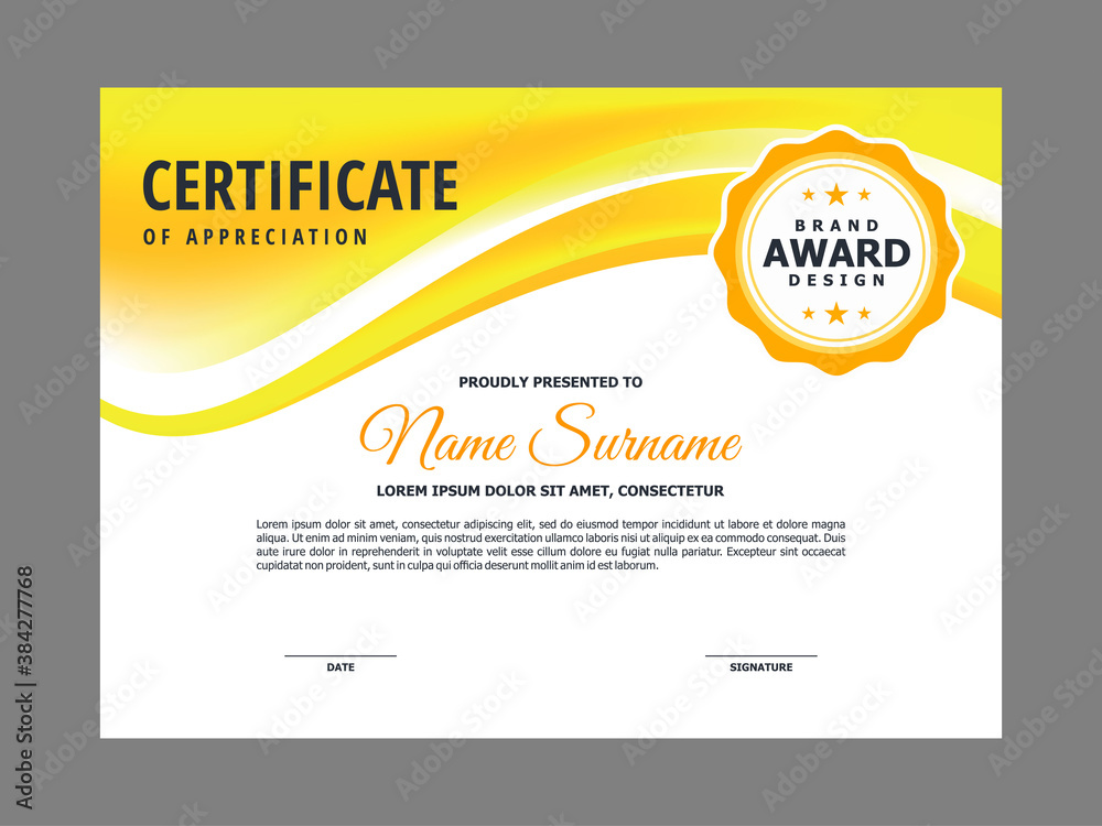 Obraz premium Abstract Smooth Certificate with Fresh Yellow Wavy Element Design, Professional Modern Certificate Template Vector