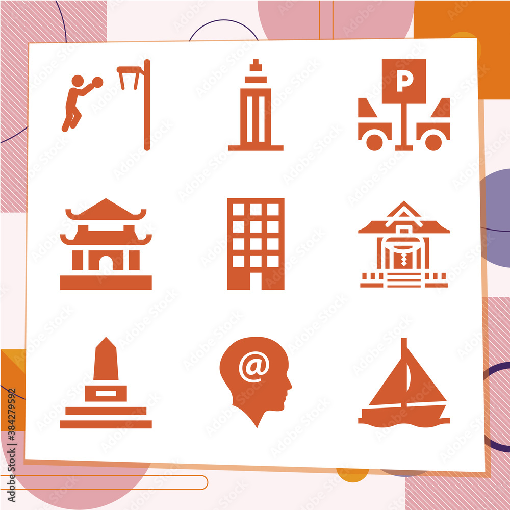 Simple set of 9 icons related to temple