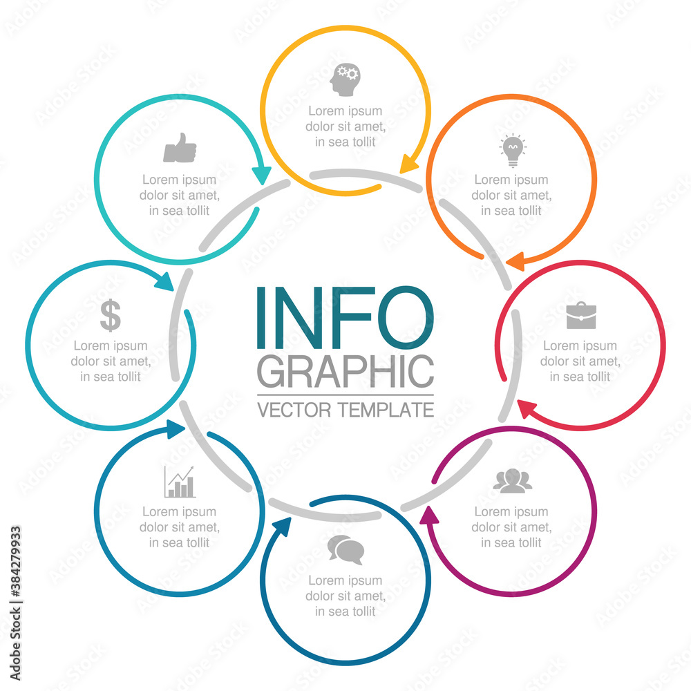 Vector infographic template, circle with 8 steps or options. Data presentation, business concept design for web, brochure, diagram.