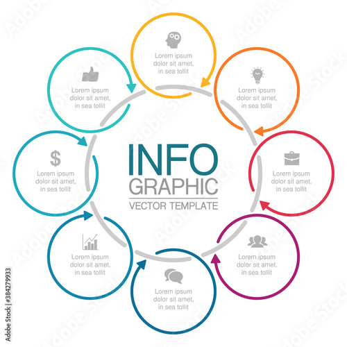 Vector infographic template, circle with 8 steps or options. Data presentation, business concept design for web, brochure, diagram.