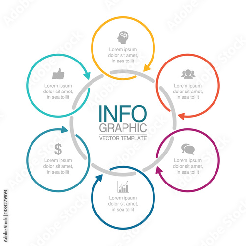 Vector infographic template, circle with 6 steps or options. Data presentation, business concept design for web, brochure, diagram.