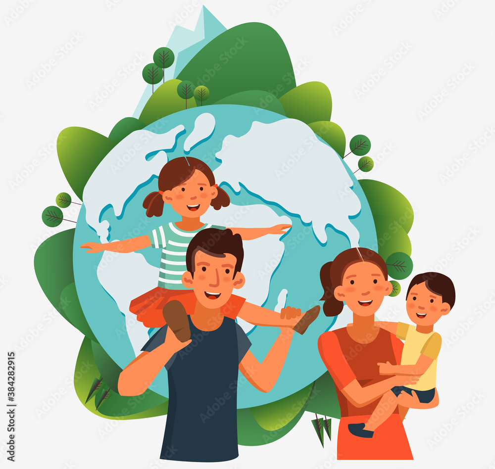 Happy family having fun. Eco friendly ecology concept. Nature conservation vector illustration. Holidays time, vacation  and travel vector concept