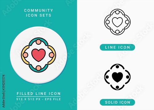 Community icons set vector illustration with solid icon line style. Teamwork care support concept. Editable stroke icon on isolated background for web design, infographic and UI mobile app.