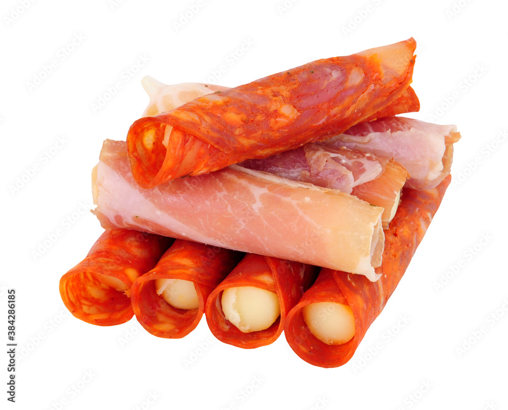 Group of Serrano ham and chorizo rollitos filled with Gouda and Iberico cheese isolated on a white background