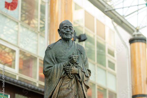 A statue of Gyoki Bosatsu in front of the train station in Nara, Japan