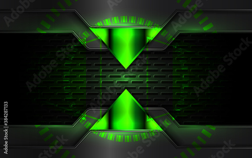 Abstract futuristic black and green gaming background with glossy metal esport shapes. Vector design template technology concept can use element game banner, sport poster, wallpaper, web streaming