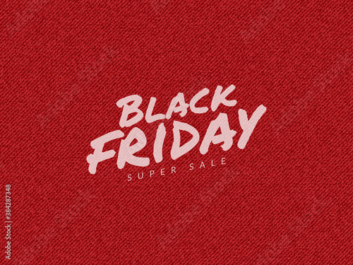 Black friday super sale background with red jeans denim texture. Design for poster banner card, Realistic vector illustration