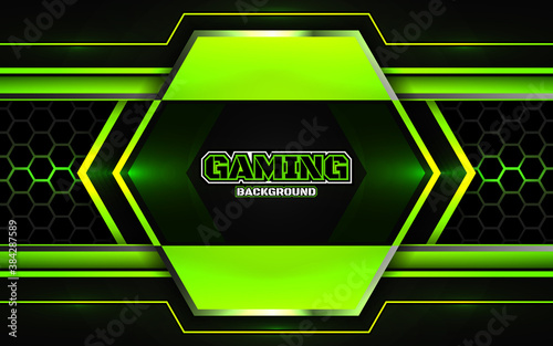 Abstract futuristic black and green gaming background with glossy metal esport shapes. Vector design template technology concept can use element game banner, sport poster, wallpaper, web streaming