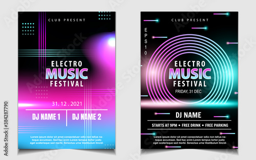Night dance party music layout design template background with dynamic gradient style. Colorful neon electro style vector for concert disco, club party, event flyer invitation, cover festival poster