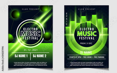 Night dance party music layout design template background with dynamic gradient style. Green neon electro style vector for concert disco, club party, event flyer invitation, cover festival poster