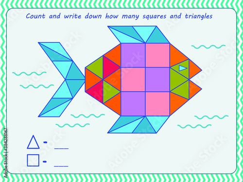 game for children. count and write down how many squares and triangles are in the fish image