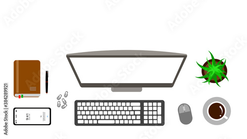 Top view business office desk with laptop, coffee, computer, a report paper, and office supplies / Creative flat lay photo of workspace desk and copy space / Panoramic banner  background 