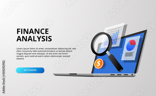 3d finance analysis concept with 3d laptop computer with magnifying glass