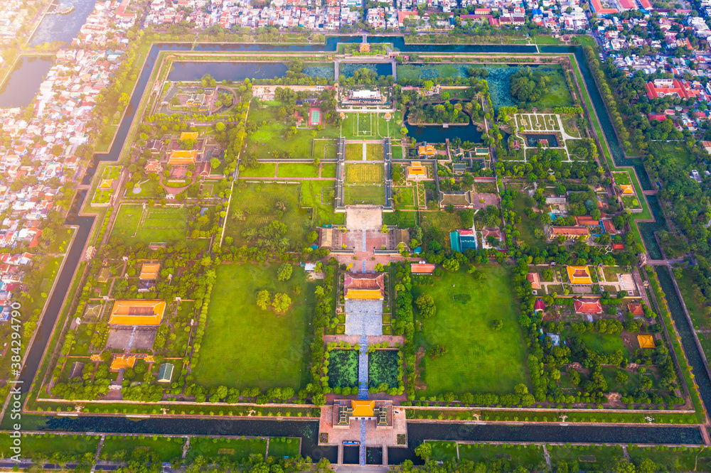Fototapeta premium Aerial view of the Hue Citadel in Vietnam. Imperial Palace moat ,Emperor palace complex, Hue city, Vietnam.