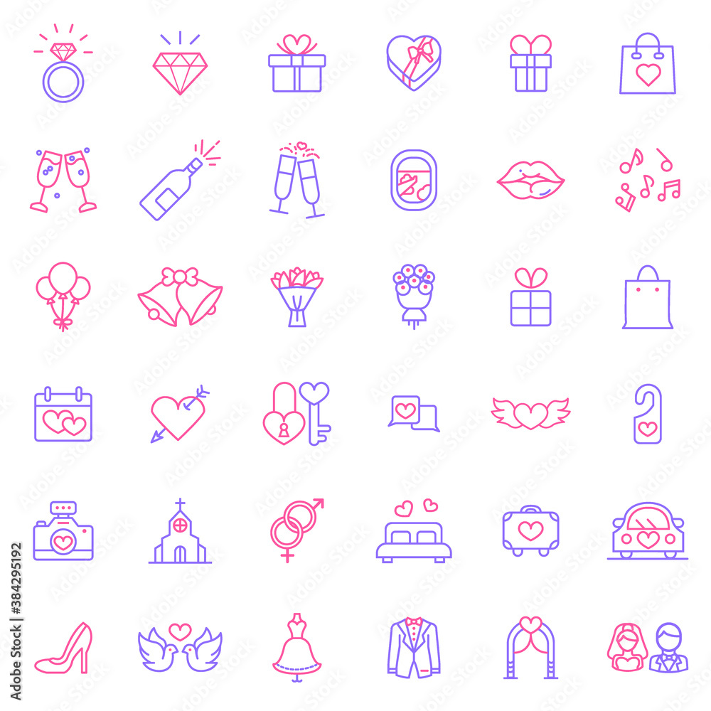 Set of love and valentine day colored line style Icons. Contains such Icons as ice cream, coffee, chocolate, cupcake, food, cake, diamond ring, necklace, heart And Other Elements. 