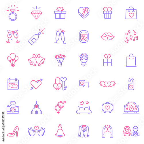 Set of love and valentine day colored line style Icons. Contains such Icons as ice cream, coffee, chocolate, cupcake, food, cake, diamond ring, necklace, heart And Other Elements. 