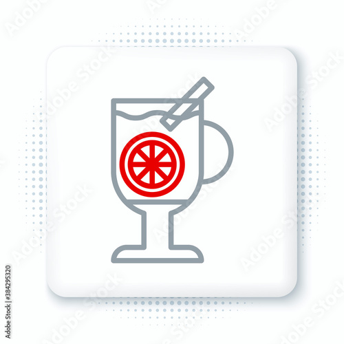 Line Mulled wine with glass of drink and ingredients icon isolated on white background. Cinnamon stick, clove, lemon slice. Colorful outline concept. Vector.