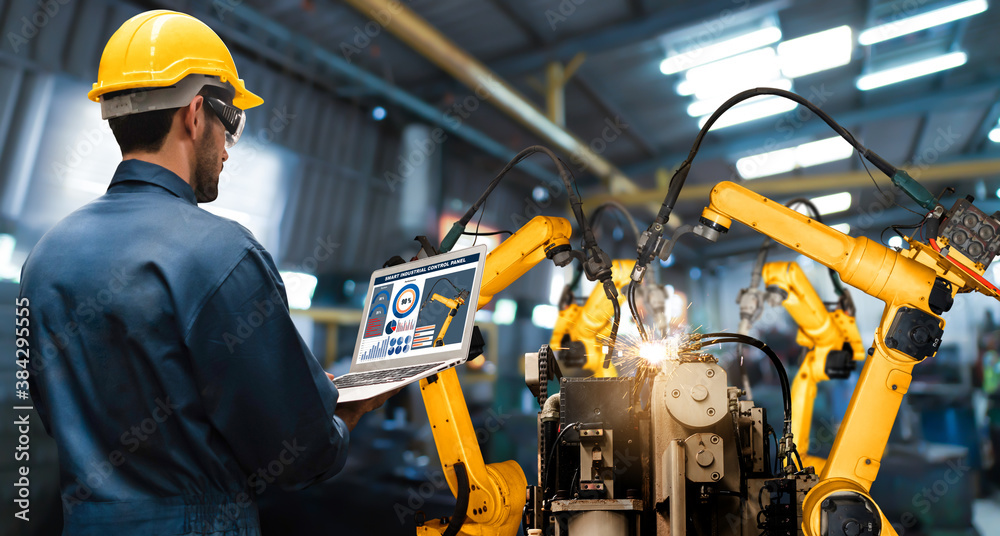 Smart industry robot arms for digital factory production technology showing  automation manufacturing process of the Industry 4.0 or 4th industrial  revolution and IOT software to control operation . Photos | Adobe Stock