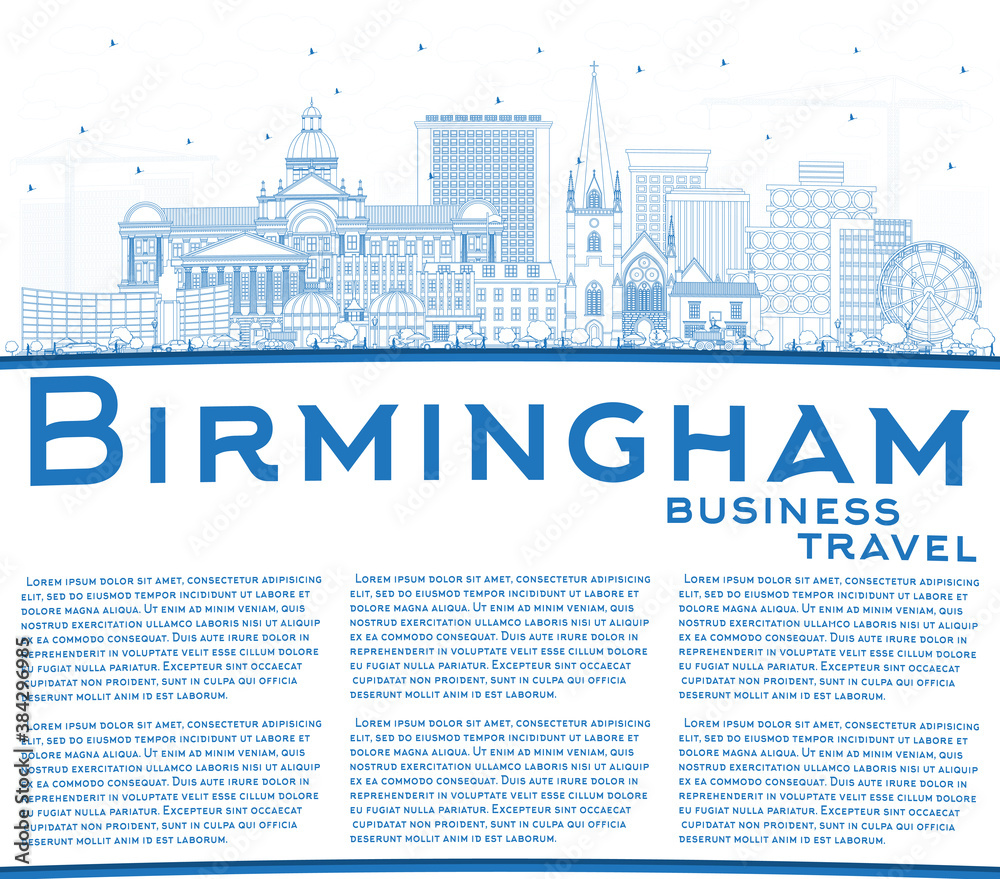 Outline Birmingham UK City Skyline with Blue Buildings and Copy Space.