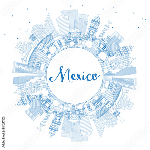 Outline Mexico City Skyline with Blue Buildings and Copy Space.
